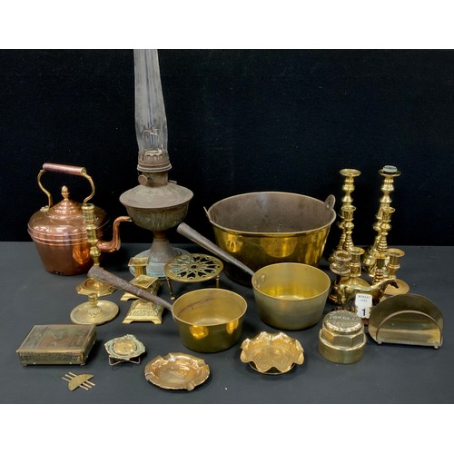 70 - Brass - a pair of brass candlesticks,25cm high, others, jam pan and others similar; copper kettle; e... 