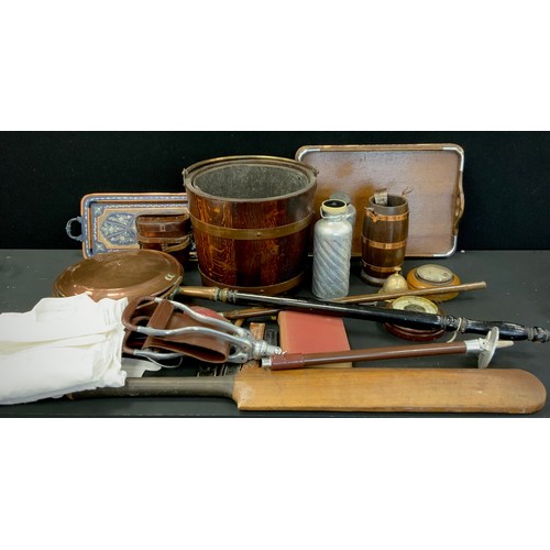 89 - Boxes and Objects -Brass bound coal bucket, other; shooting stick, copper warming pan, 20th century ... 