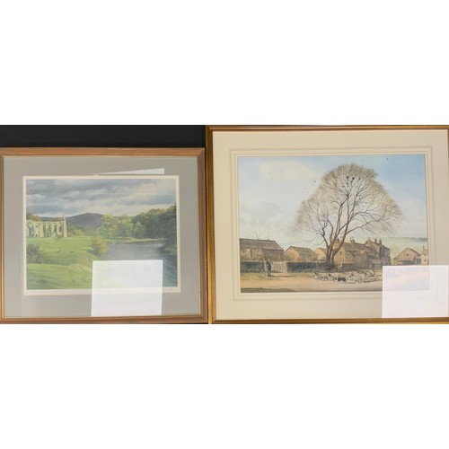 137 - Alan Ingham, by and after, 'A Village in Derbyshire' print, 43cm x 60cm; H.Carlise 'Bolton Abbey' pr... 