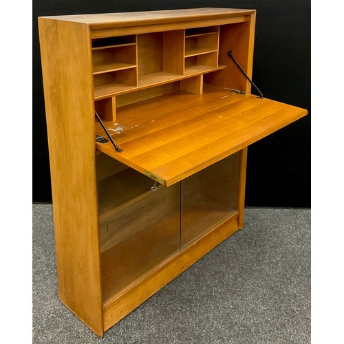 143 - A teak bureau bookcase cabinet, by Herbert E. Gibbs, Autograph Furniture, 113cm high x 91.5cm wide x... 