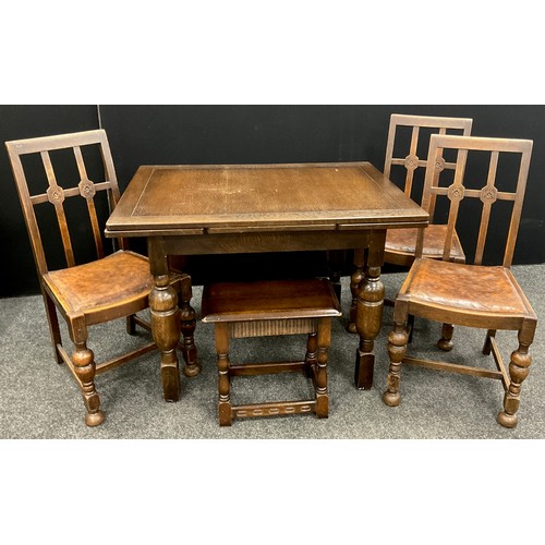 151 - An oak draw-leaf dining table, c.1950, and a set of three oak dining chairs;  an oak stool / occasio... 