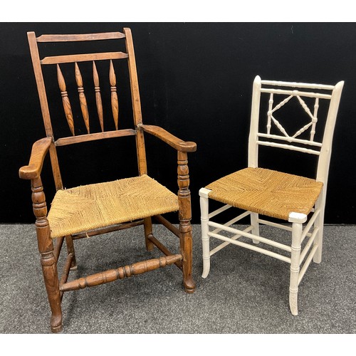 163 - A 19th century Elm spindle-back armchair, and an early 20th century faux-bamboo chair, painted white... 