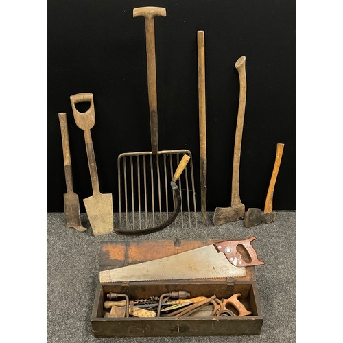 191 - Vintage tools - a beet fork, bill-hook, long-handled hedger, sickle, axe, etc.