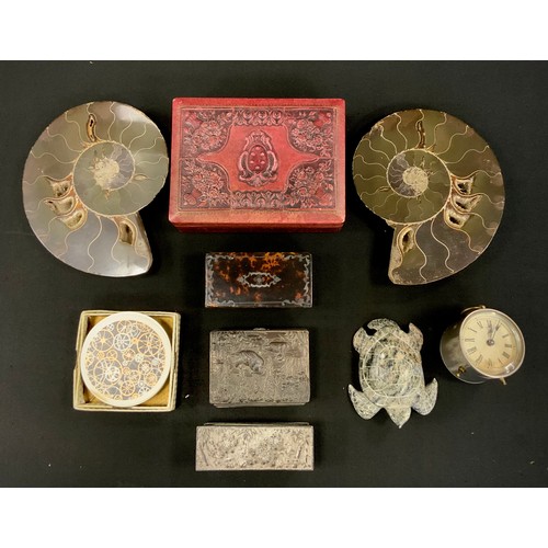 216 - Boxes and Objects - an ammonite fossil, cut into two halves, and polished, each 16.5cm;  a small ear... 