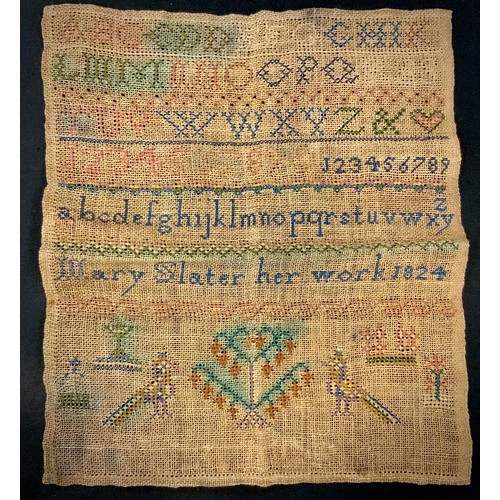 217 - A George IV needlework sampler inscribed 'Mary Slater her work 1824', 25cm x 22cm