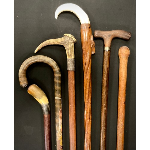 223 - An antler handled silver metal mounted walking stick, others horn, carved, etc (6)