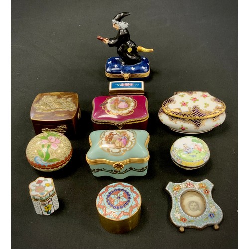 244 - A Japanese bronze and brass pill box,  micromosaic picture frame,  Chinese enamel pill boxes, others... 