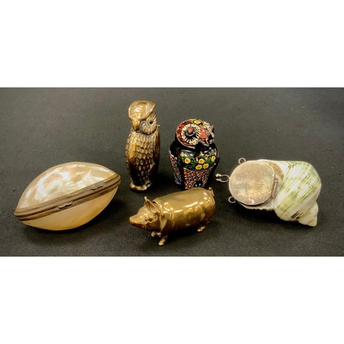 246 - A novelty brass Pig vesta case,  others silver plated Owl, Thune Owl,  Shell case snuff or pill box ... 