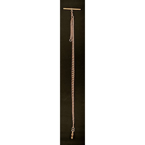 249 - A 9ct rose gold graduated link Albert chain, spring loop terminal, gold plated Tbar, 35.5cm long, 30... 