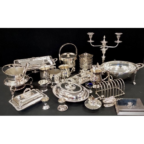 265 - Silver plate - candelabra, 35cm high, entree dishes, mugs, toast rack; etc