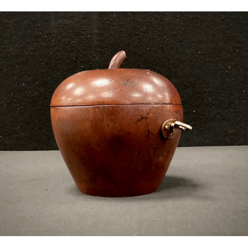 211A - Wooden apple tea caddy, hinged lid and key present, 12cm high