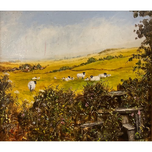 66 - Barbara Hickin (British)
Landscape with Sheep
signed, oil on panel, 17cm x 19cm; another
River with ... 