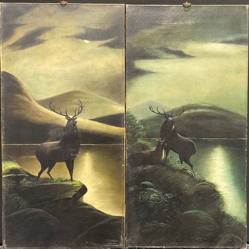 68 - PE Ambler  
A pair, Stags under Moonlight
signed, oil on canvas, 61cm x 31cm each (2)