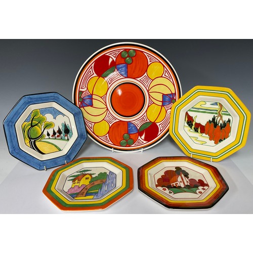 99 - A Wedgwood Clarice Cliff Bizarre reproduction charger, 31cm diameter; a set of four Wedgwood Clarice... 