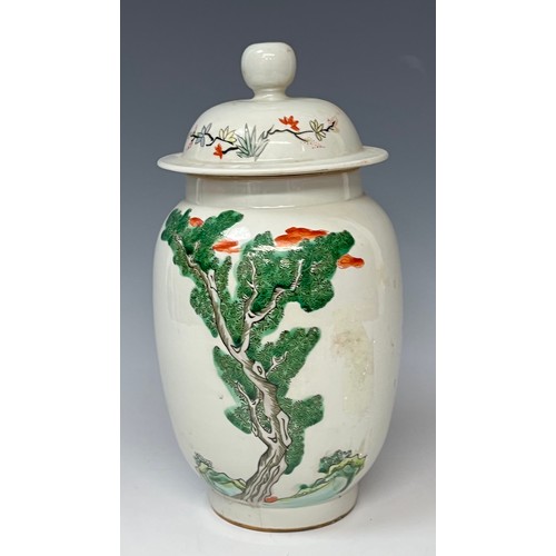 119 - A contemporary Chinese export ware famille rose temple jar and cover, approx. 28cm high, printed six... 