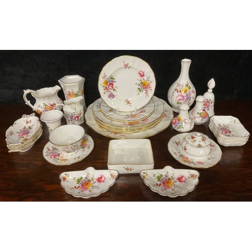 126 - A Royal Crown Derby Posies pattern bottle vase, candle snuffer, salt, pepper and mustard pots, milk ... 