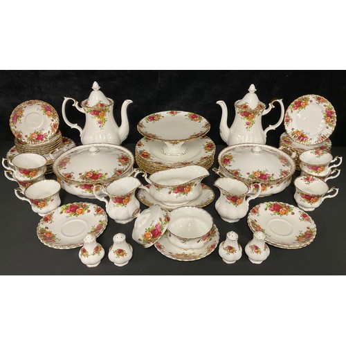 128 - A Royal Albert Old Country Roses pattern dinner and tea service, including pair of vegetable dishes ... 