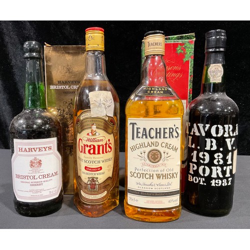 135 - A bottle of Teacher's Highland Cream, boxed; others, Tavora Port 1981; Grant's Scotch whisky; Harvey... 