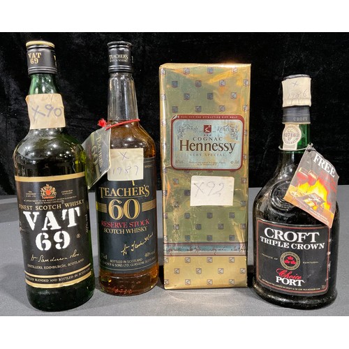 138 - A bottle of Hennessey Cognac, boxed; others, Teacher's 60 Reserve Stock Scotch whisky; VAT 69 Scotch... 