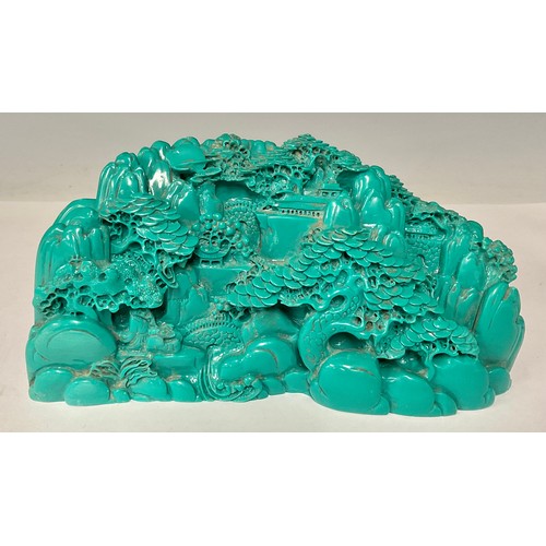 178 - A contemporary Chinese composite ‘boulder’, moulded as faux-turquoise with a mountain-top landscape,... 