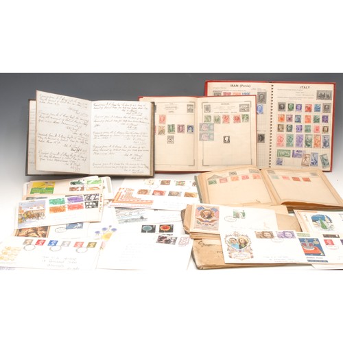 187 - Stamps - four stamp albums and loose, FDC's etc, plus an interesting book, The Coin Charity, minutes... 