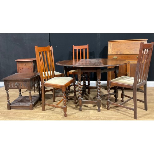 111 - An oak gateleg table; a set of four dining chairs; an oak student’s bureau; a Jaycee lamp table; an ... 