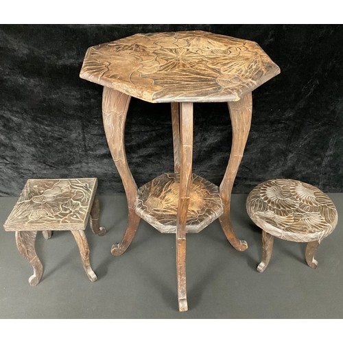 273 - A late 19th century Liberty carved table with under tier; two smaller (3)