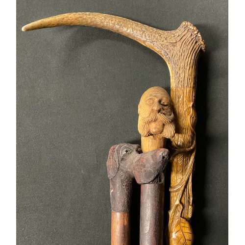 278 - Walking Sticks - an early 20th century walking stick, the naturalistic shaft carved with leaves and ... 