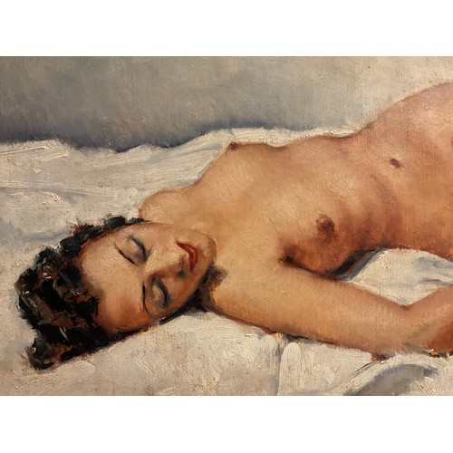 62 - Continental School (mid 20th century)
Reclining Nude
indistinctly signed, oil on board, 48cm x 99cm