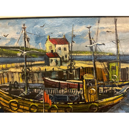 77 - Fred Yates, Quayside Boats, Cornwall, signed, dated 1971, oil on board, 44cm x 59.5cm.