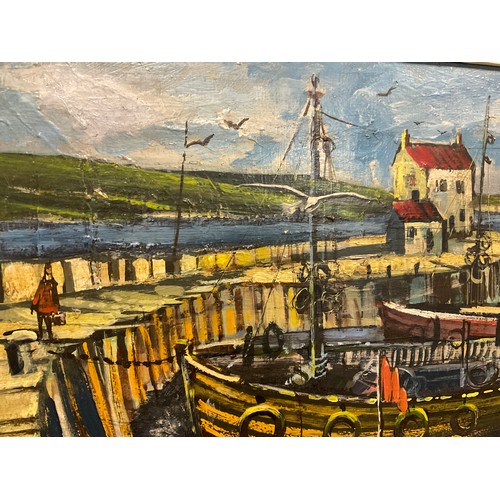 77 - Fred Yates, Quayside Boats, Cornwall, signed, dated 1971, oil on board, 44cm x 59.5cm.