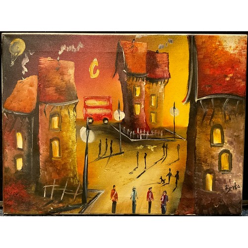 118 - Bevko, (Naive school), Lowryesque town, with a big red bus’, signed, oil on canvas, 30cm x 40cm.