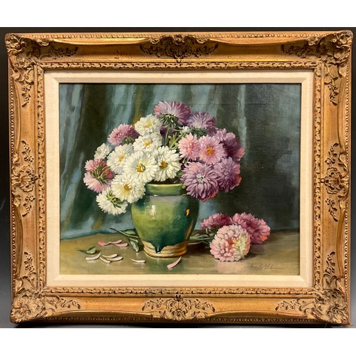 131 - Emily Selinger, Still Life, Vase of Chrysanthemums, signed, oil on canvas, 39.5cm x 49.5cm