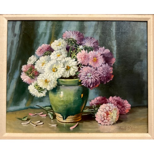 131 - Emily Selinger, Still Life, Vase of Chrysanthemums, signed, oil on canvas, 39.5cm x 49.5cm