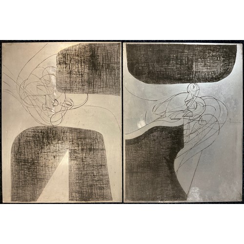 145 - Anthony Currell, British b.1942, two dry point etched metal printing plates, ‘Abstract figures, with... 