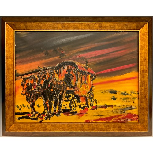 148 - Jean Louis (French School, mid 20th century), Gypsy Caravan, Dusk, signed, oil on canvas, 45cm x 60.... 