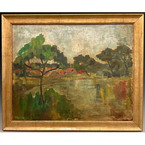 150 - Impressionist school, mid 20th century, A Lakeside Village, signed with monogram VP, oil on canvas, ... 