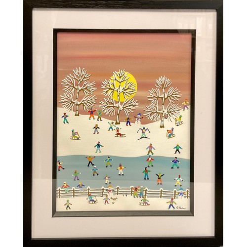 170 - Gordon Barker (English Naïve school), 'Snow-time fun, til' the setting of the sun', signed, Acrylic ... 