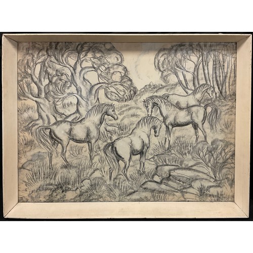 182 - Monica English (‘The Witch of Norfolk’) 1920-1970, Wild Horses, graphite and chalk, 47cm x 63cm.