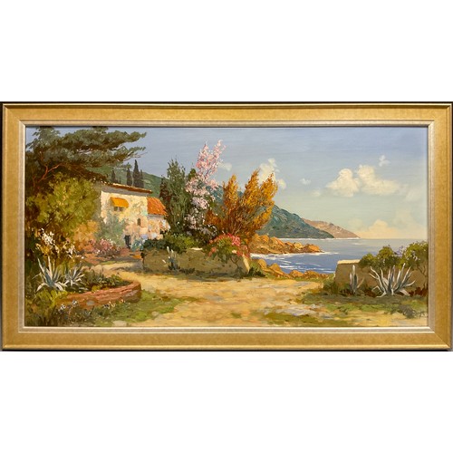 189 - Corbet (Continental school, 20th century), Mediterranean Villa, signed, oil on canvas, 40cm x 79.5cm... 