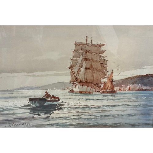 195 - A D Bell (bn. 1889),
A pair, 'On The Medway' and 'Leaving St. Ives'
signed, dated 1943, watercolour,... 