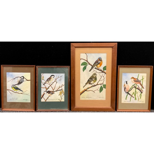 198 - David Cocking (British, 20th century), A set of four ornithological studies, Long-tailed tits, Blue ... 