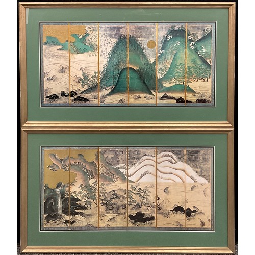 201 - A pair of reproduction Japanese miniature Byōbu, six-section folding screens, with traditional ‘Muro... 