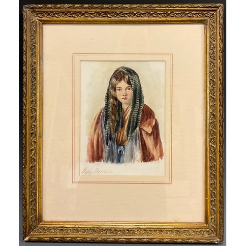 202 - Betsy Sylvester, Portrait of a rural girl, signed, watercolour, 17cm x 13cm.