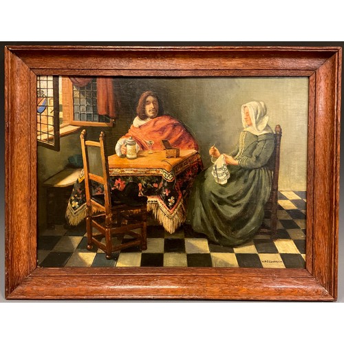 205 - W. R. E. Goodrich, After Vermeer, Dutch interior with figures, oil on 24cm x 34cm.