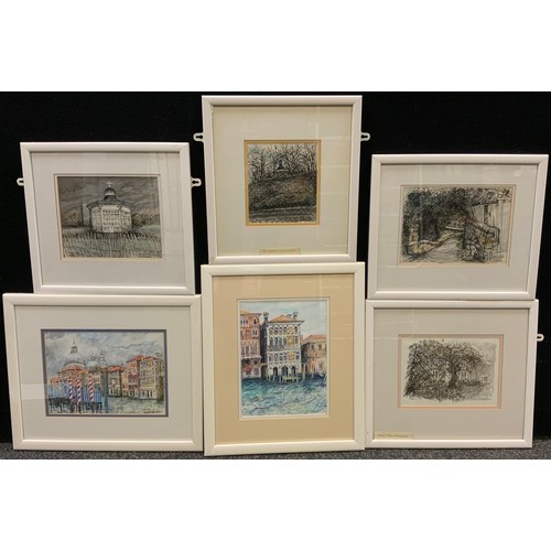 210 - Norah K. Rogerson, a group of six watercolours, English and Venetian landscapes, the largest 27cm x ... 