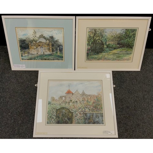 212 - Norah K. Rogerson, 'Winchelsea Abbey', signed, watercolour and gouache;  another two, 'Aviary, Renis... 