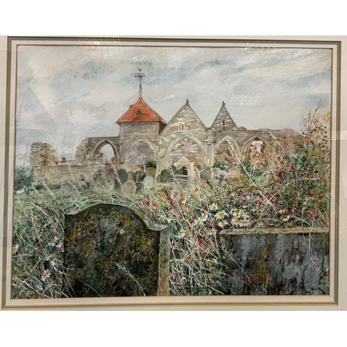 212 - Norah K. Rogerson, 'Winchelsea Abbey', signed, watercolour and gouache;  another two, 'Aviary, Renis... 