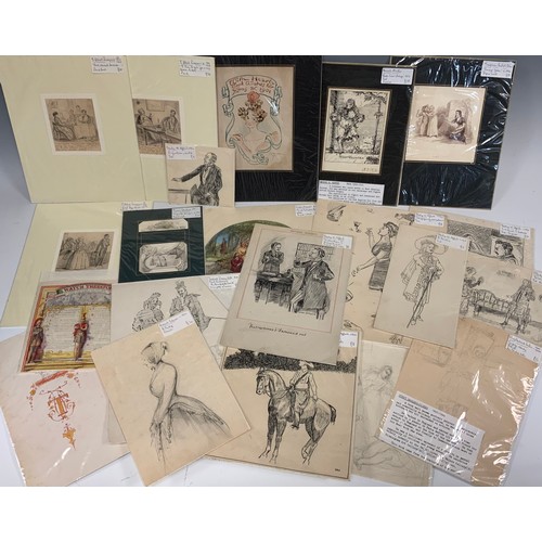 216 - A folio of mostly 19th century figurative studies, pencil, ink sketches, some with watercolour wash ... 