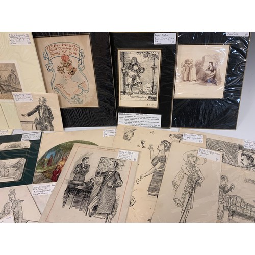 216 - A folio of mostly 19th century figurative studies, pencil, ink sketches, some with watercolour wash ... 